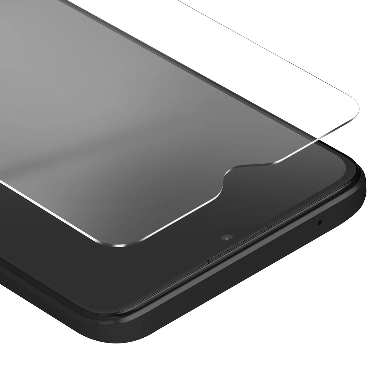 Un smartphone avec un protecteur d'écran appliqué. Le téléphone est noir, le protecteur est transparent et le fond blanc.