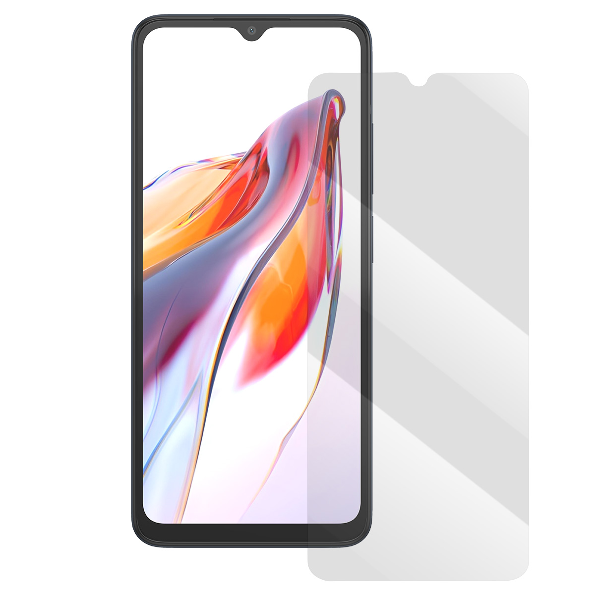 Un smartphone avec un protecteur d'écran. Le téléphone affiche un design abstrait avec des teintes rouges, orange et violettes.