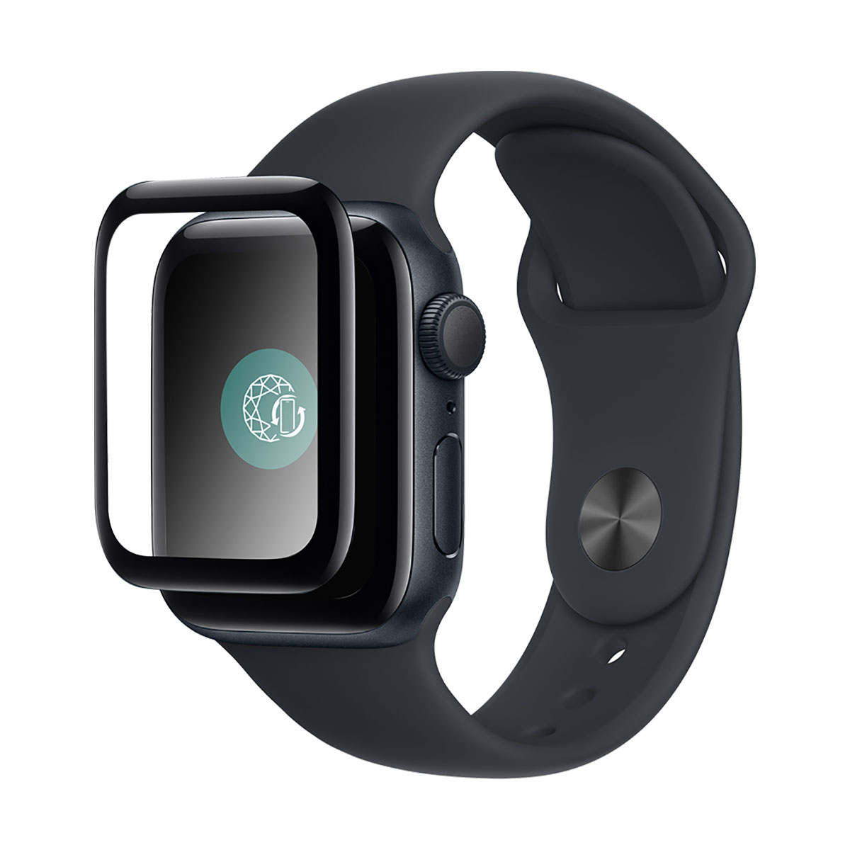 Un Apple Watch grigio scuro con protezione schermo. L'orologio ha un cinturino nero e un pulsante circolare. Lo schermo mostra un logo.