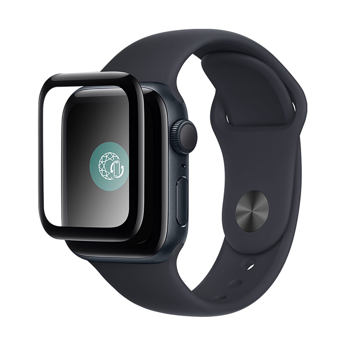 Un Apple Watch blu scuro con una protezione per lo schermo applicata. L'orologio ha un quadrante nero, un pulsante nero e un cinturino blu scuro.