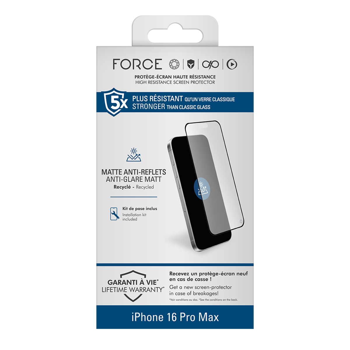 Emballage d'un protecteur d'écran pour iPhone 16 Pro Max. Il montre le produit et des détails comme anti-reflet, garantie à vie et haute résistance.