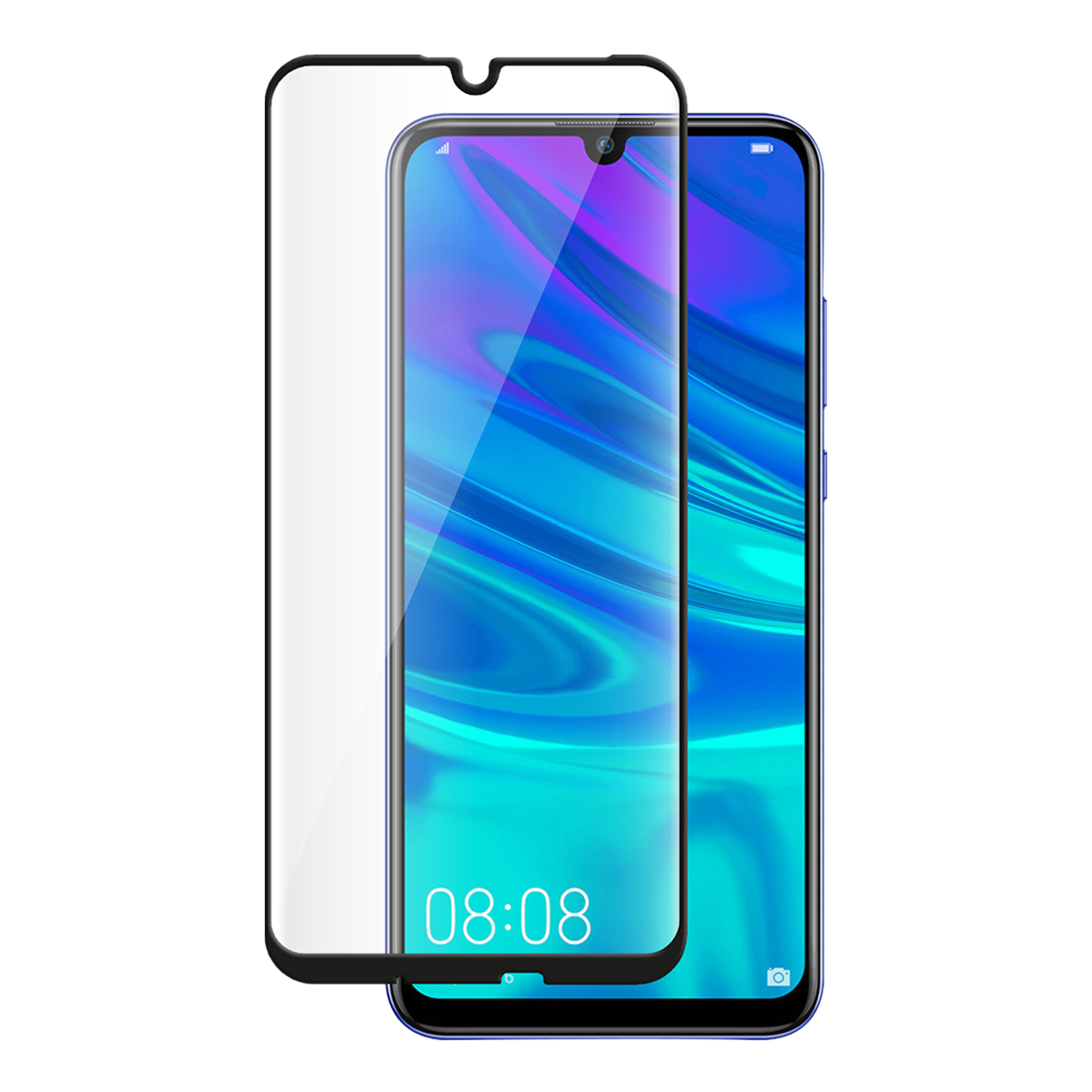 Uno smartphone con una protezione per lo schermo. Il telefono mostra un design astratto blu e bianco con l'ora 08:08. La protezione è trasparente.