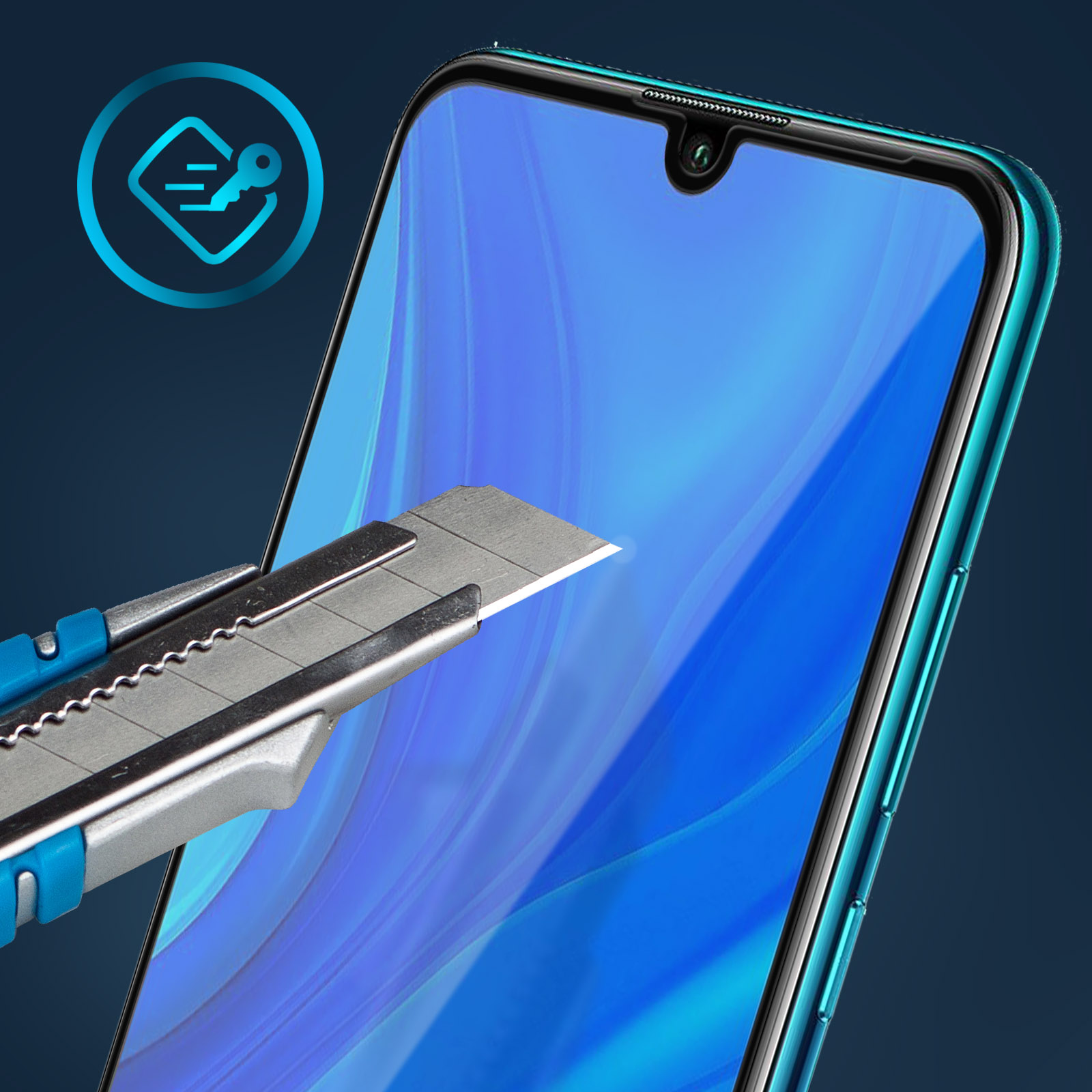 Uno schermo del telefono tagliato con un taglierino. Icona blu in alto a sinistra. Sfondo blu e nero.