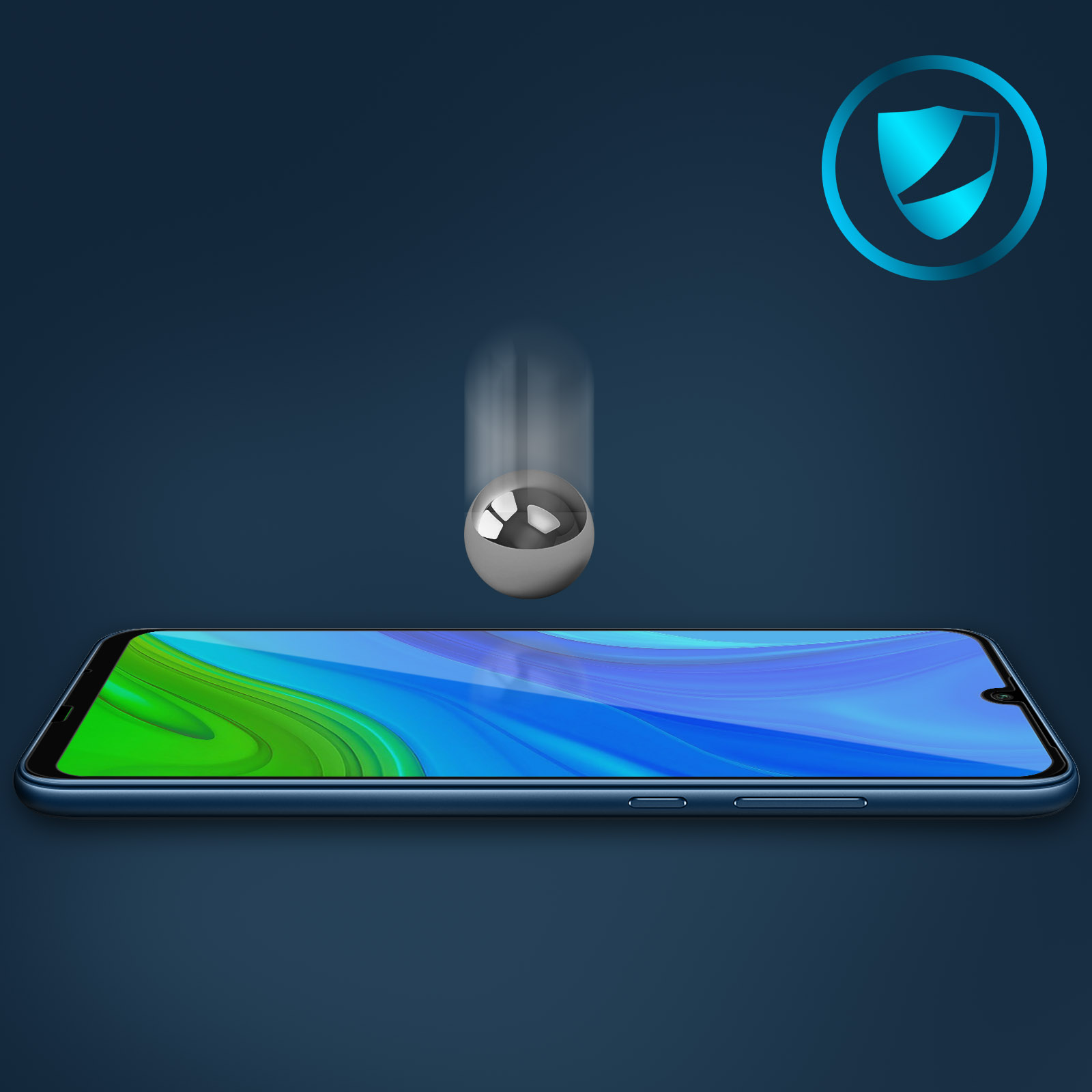 Un telefono con protezione schermo. Una palla di metallo sta cadendo verso lo schermo. Logo scudo sullo sfondo.