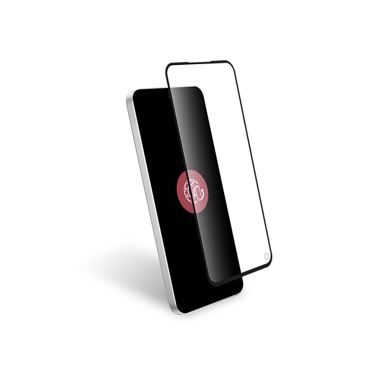 Een smartphone met een schermbeschermer. De telefoon is zwart met een vingerafdrukpictogram, de beschermer is helder.
