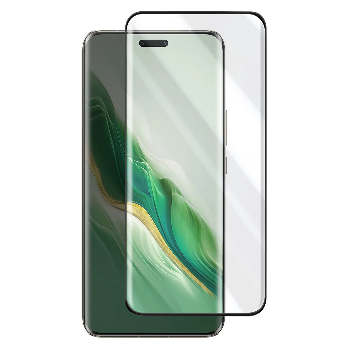 Uno smartphone con protezione schermo. Il telefono è nero con display verde e bianco. La protezione è trasparente.