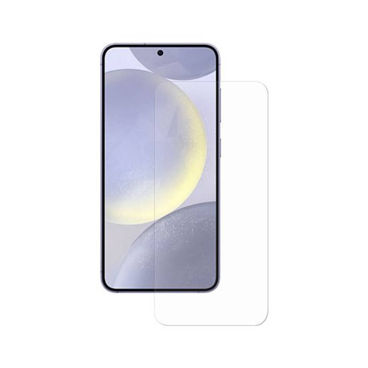 Een smartphone met een schermbeschermer. De telefoon is zwart met een wazige afbeelding. De beschermer is helder.