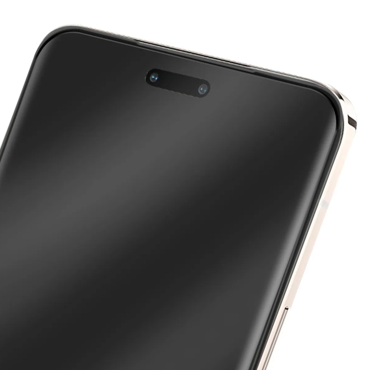 Primo piano di uno smartphone. Schermo nero visibile. Parte superiore con ritaglio fotocamera. Cornice argento.