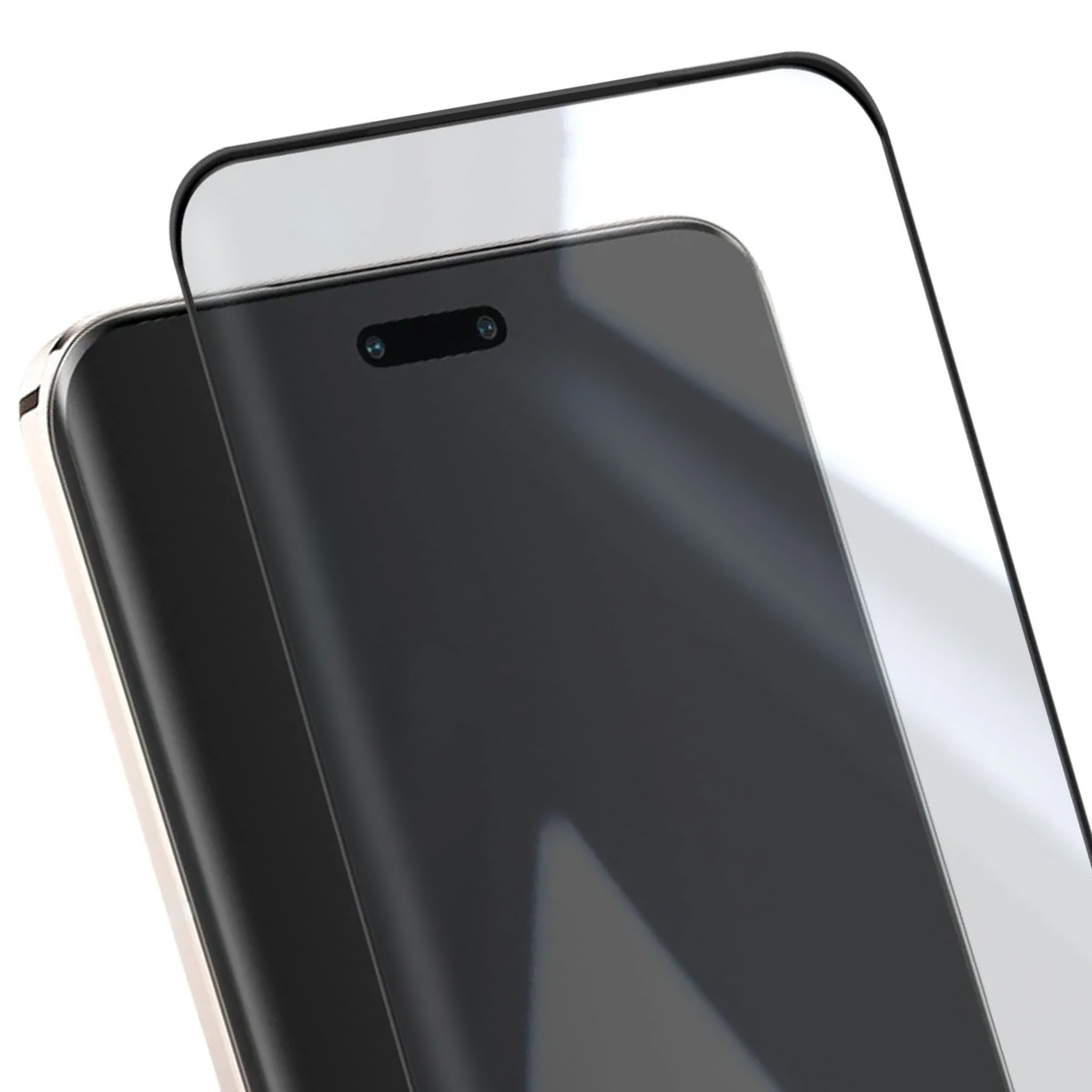Uno smartphone con una protezione per lo schermo sopra. Il telefono è nero e la protezione è trasparente. Lo sfondo è bianco.