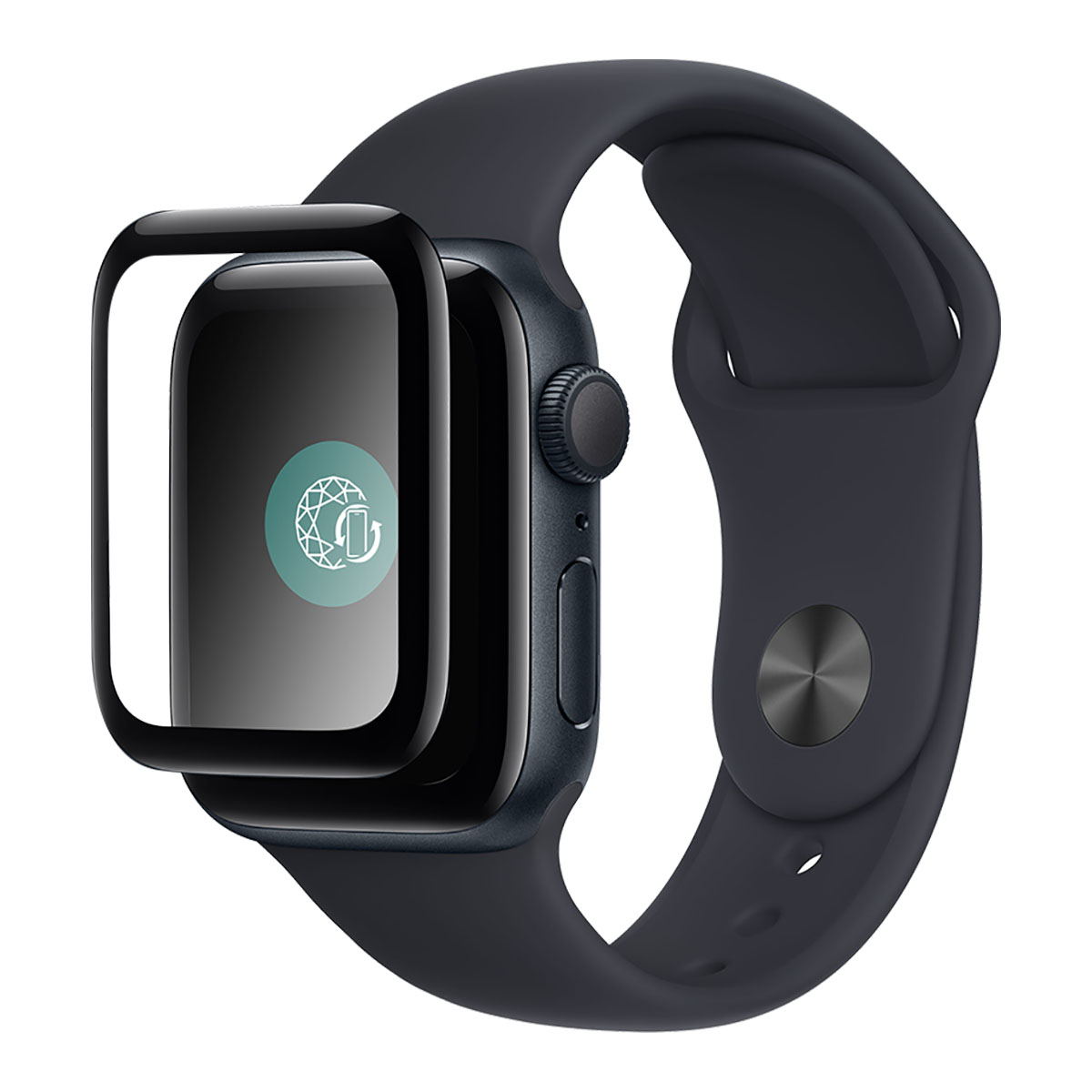 Un Apple Watch blu scuro con protezione schermo. L'orologio ha una lunetta nera. Un'icona circolare con un globo e una freccia è sullo schermo.
