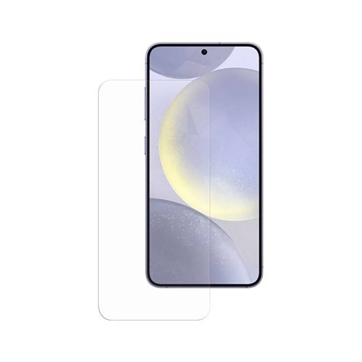 Een smartphone met een schermbeschermer. De telefoon heeft een zwart frame en een scherm met een vage achtergrond. De beschermer is helder.