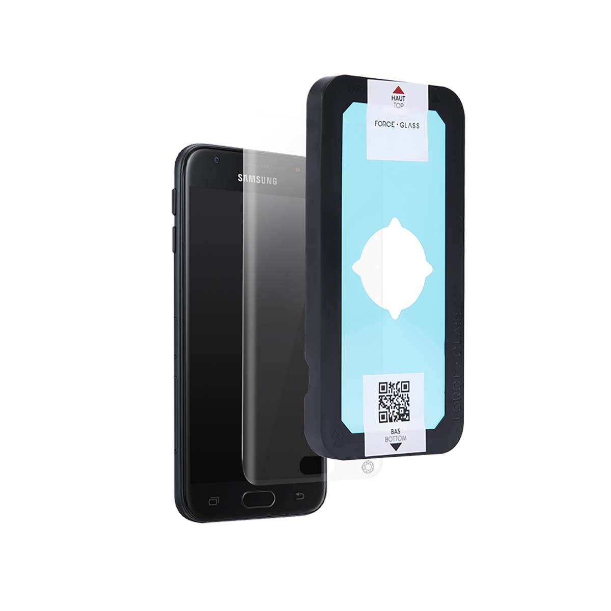 Un telefono Samsung nero con protezione schermo, accanto a una cornice nera con interno blu e forma bianca, su sfondo bianco.