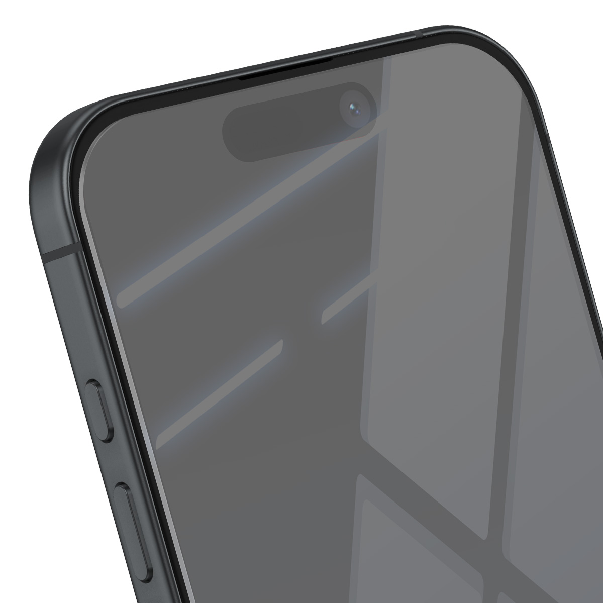 Gros plan d'un smartphone noir. L'écran est gris, reflétant la lumière. Caméra et capteurs visibles en haut. Boutons sur le côté.