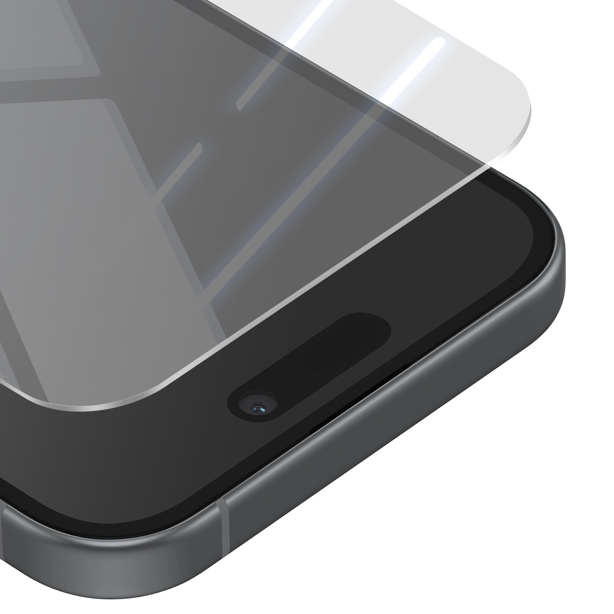 Un smartphone avec un protecteur d'écran. Le téléphone est gris, avec un écran noir. Le protecteur est transparent et légèrement soulevé.