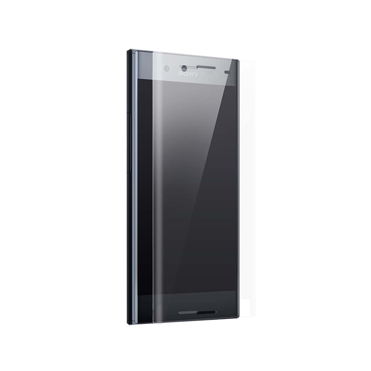 Uno smartphone Sony nero è isolato su sfondo bianco. Lo schermo è riflettente e il telefono ha una cornice sottile e una protezione schermo.