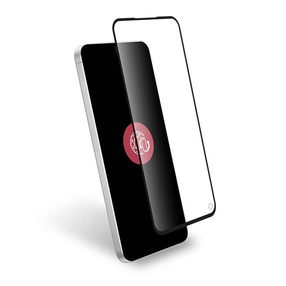 Een schermbeschermer wordt op een telefoon geplaatst. De telefoon is zwart met een rode cirkel. De beschermer is transparant met zwarte rand.