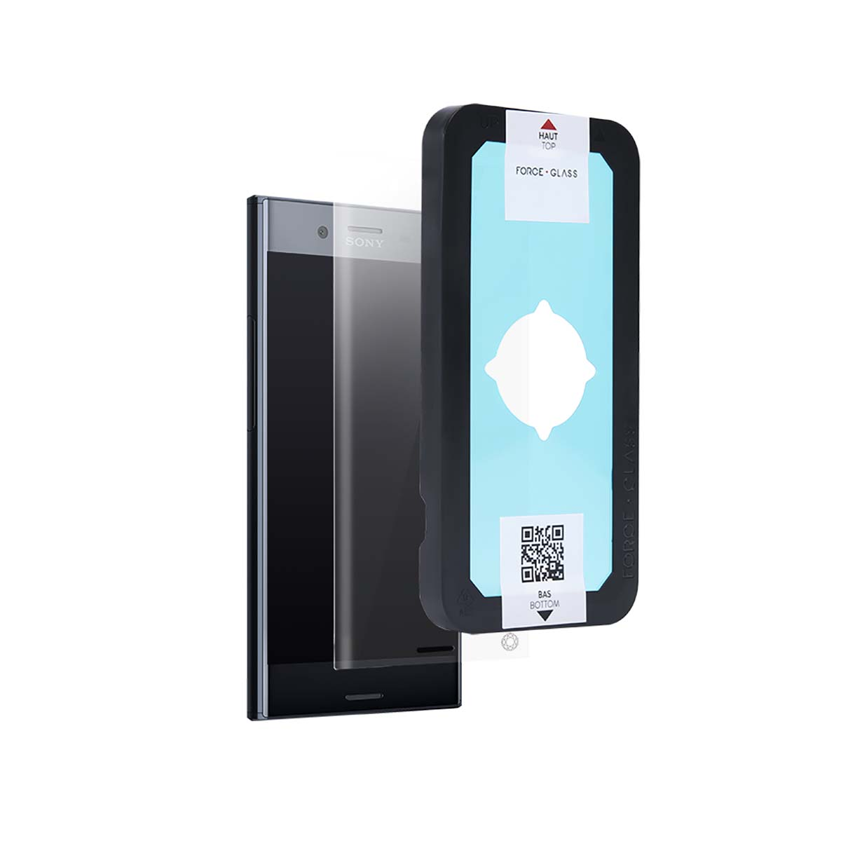 Uno smartphone nero con una protezione per lo schermo e una cornice nera con un centro azzurro e una forma bianca al centro.