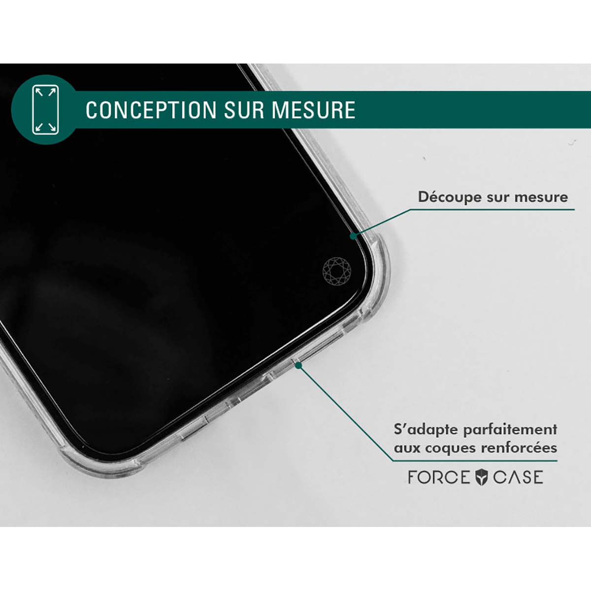 Un telefono con una custodia trasparente. La custodia è etichettata 'CONCEPTION SUR MESURE'. Testo e frecce indicano le caratteristiche.