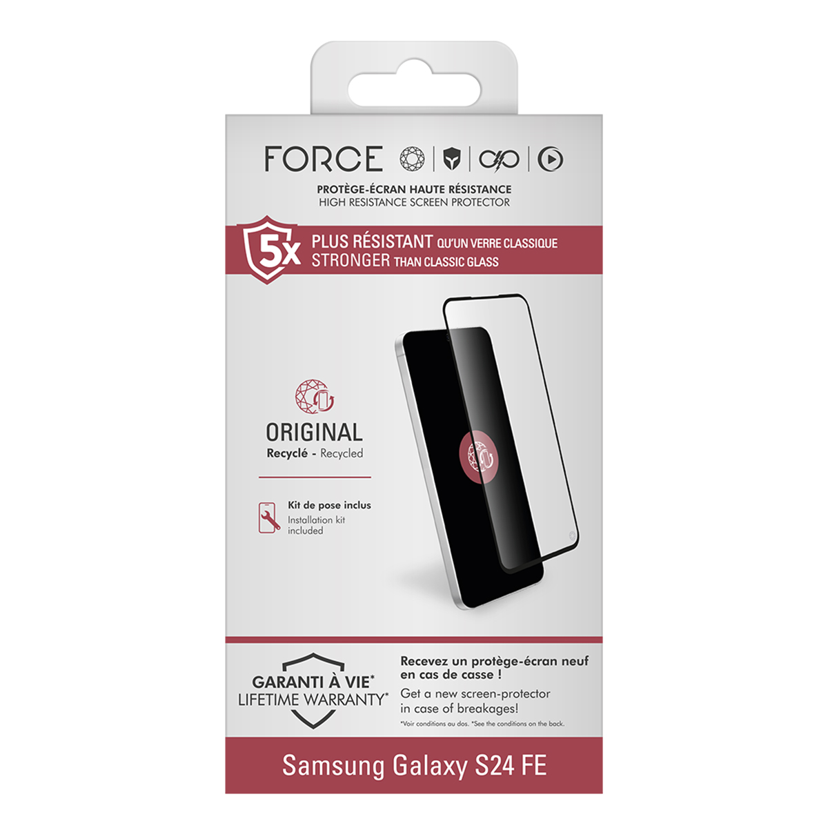 Een schermbeschermer doos voor Samsung Galaxy S24 FE. Het toont de beschermer naast een telefoon. Tekst omvat 'FORCE', '5x sterker' en 'levenslange garantie'.