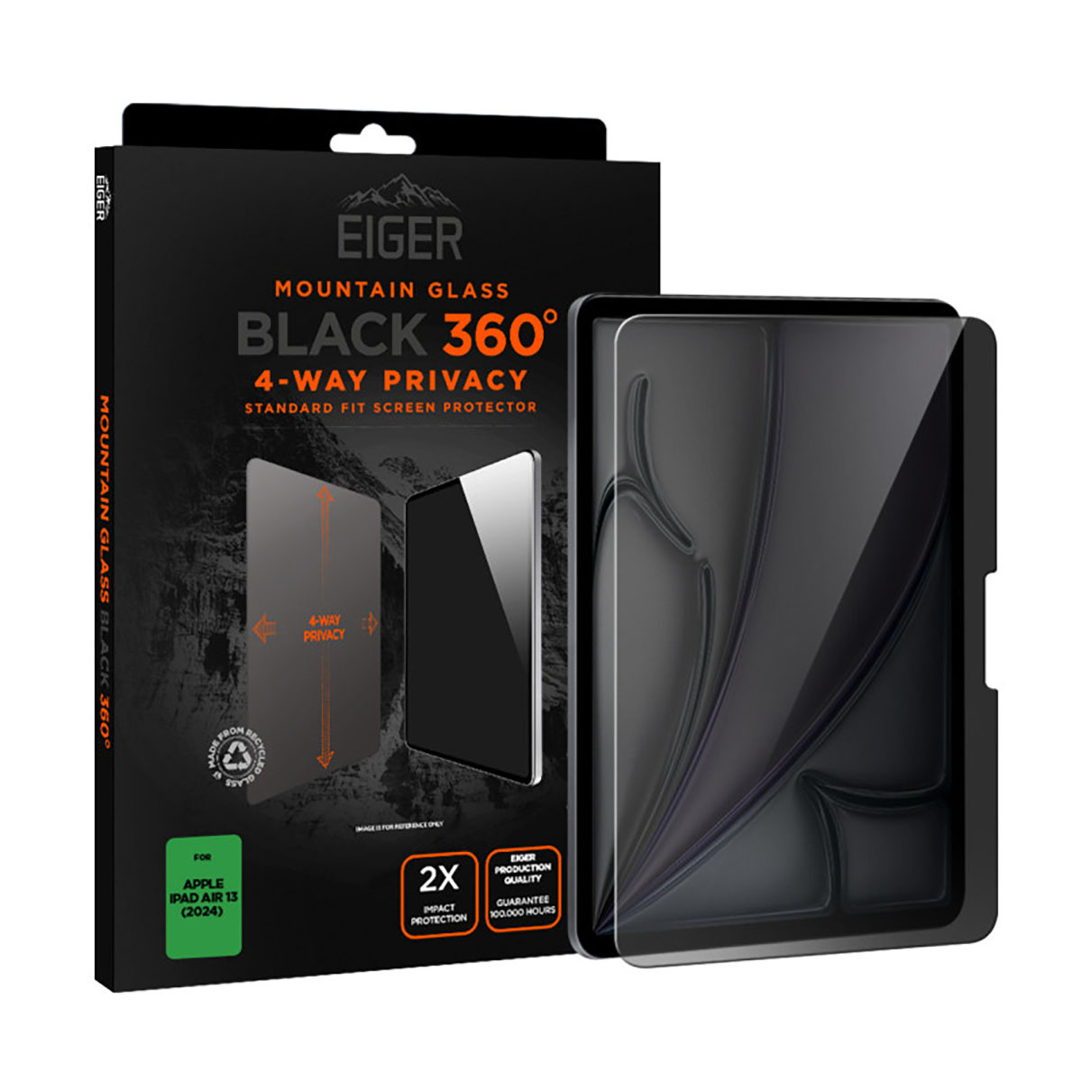 Een doosje met een schermbeschermer en een schermbeschermer ernaast. Op de doos staat 'Eiger Mountain Glass Black 360 4-way privacy'.