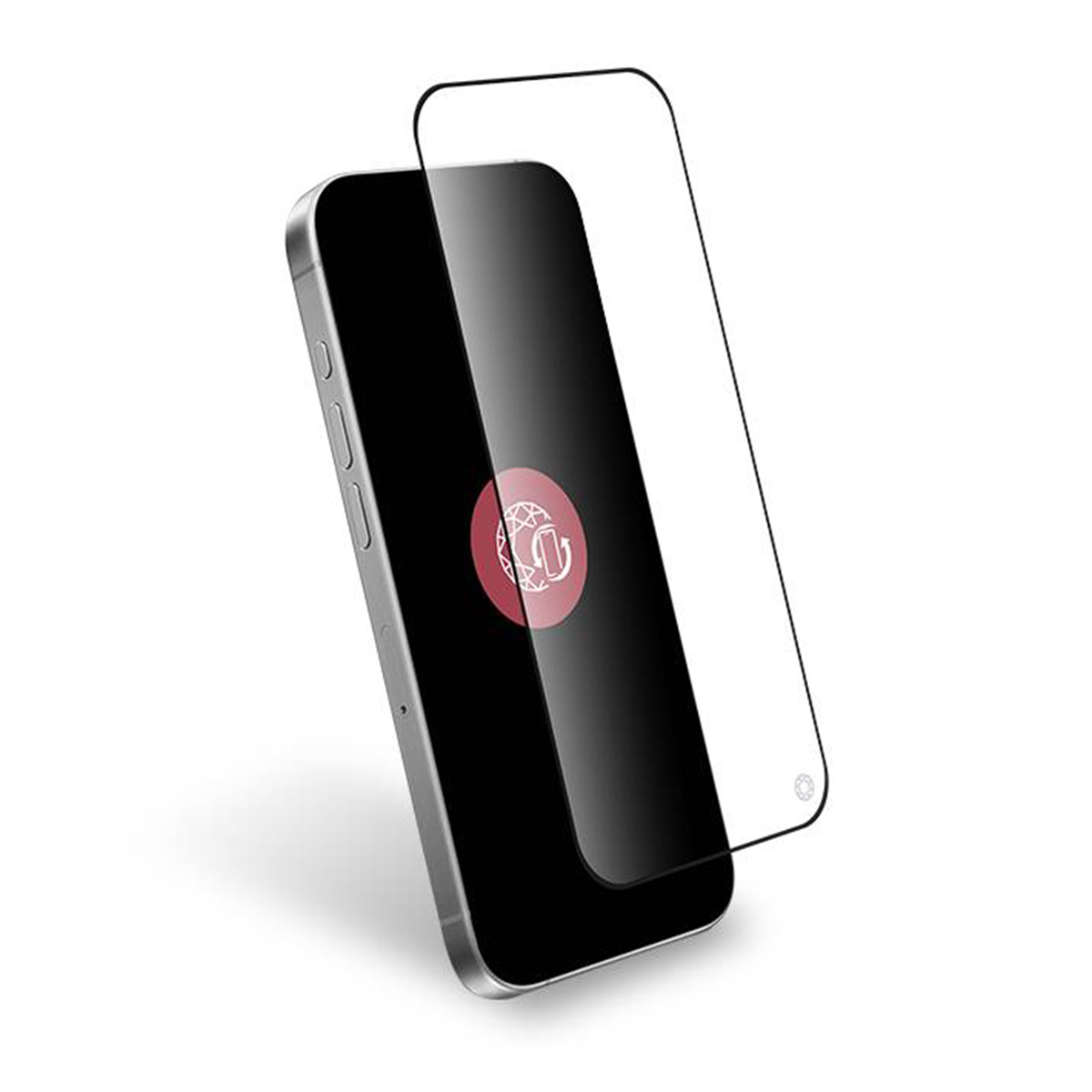 Smartphone met een schermbeschermer. De telefoon is zilver, het scherm is zwart en de beschermer is transparant. Een rode cirkel staat op het scherm.