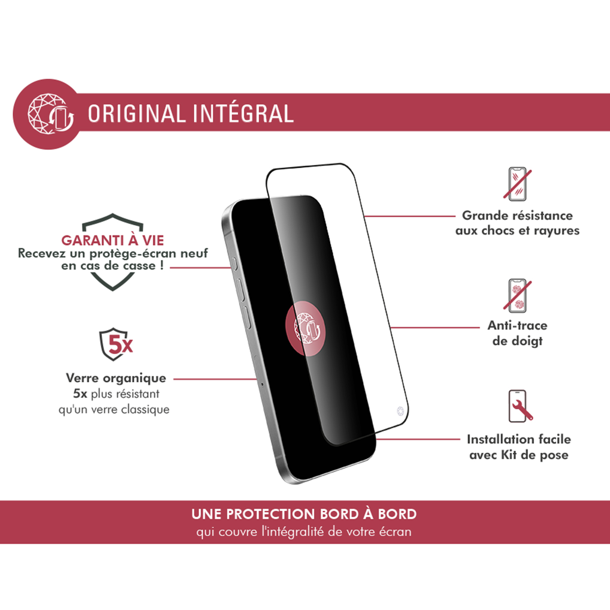 Een telefoon met een schermbeschermer. Tekst benadrukt kenmerken: organisch glas, krasbestendigheid, anti-vingerafdruk en eenvoudige installatie.