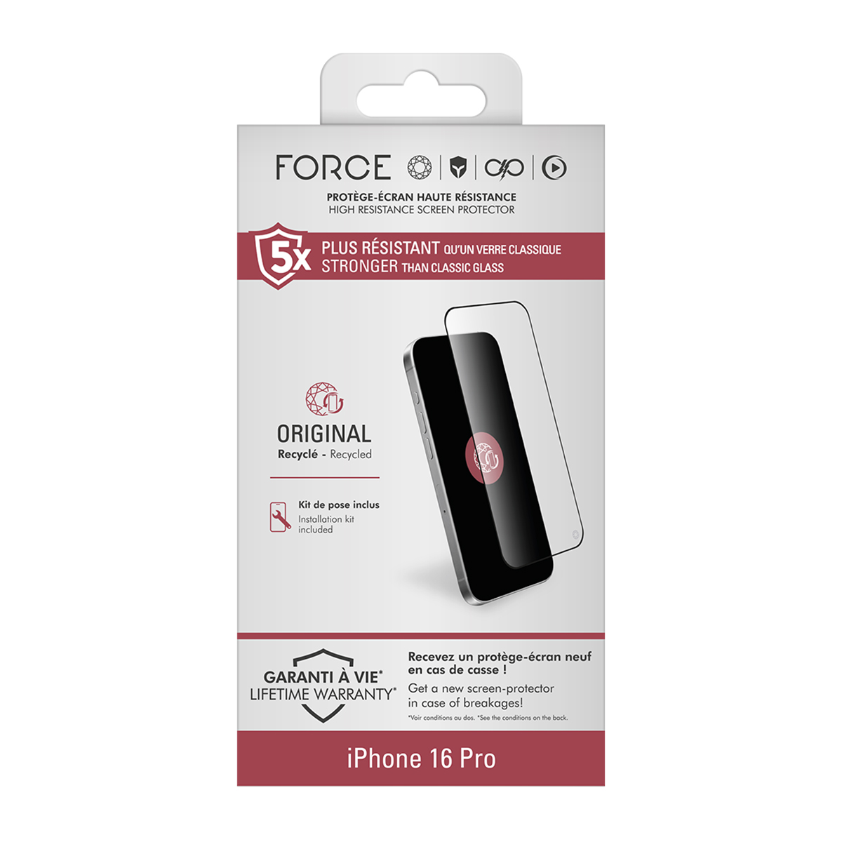 Doos voor iPhone 16 Pro schermbeschermer. Met 'Force' logo, productdetails en een telefoon met schermbeschermer.