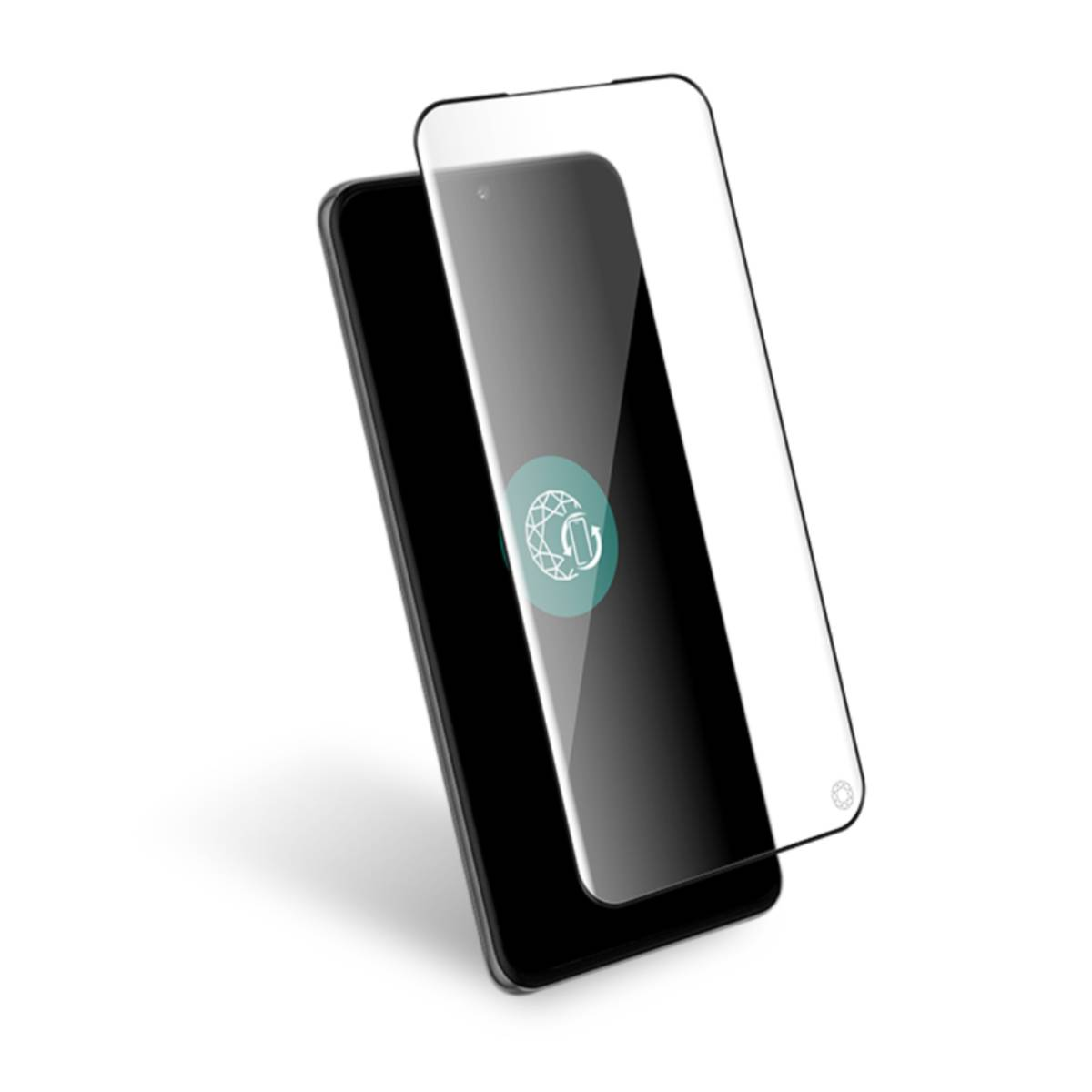 Uno smartphone nero con una protezione per lo schermo. Lo schermo mostra un logo. Lo sfondo è bianco.