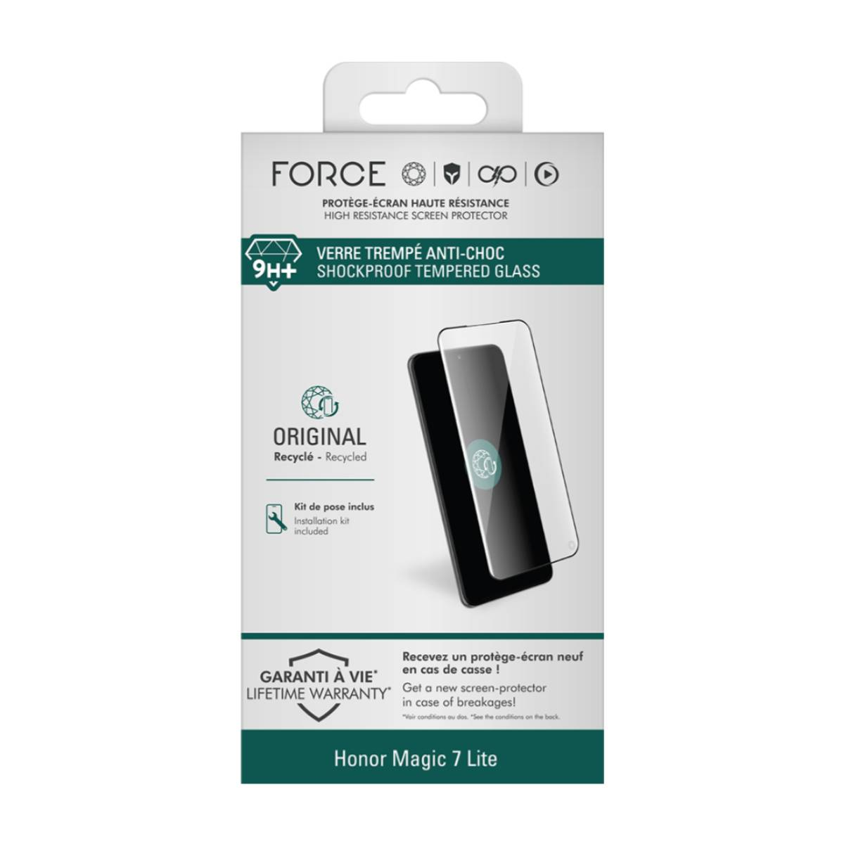 Une boîte avec un protecteur d'écran pour un téléphone. Il y a du texte en anglais et en français, et mentionne 'Honor Magic 7 Lite'.