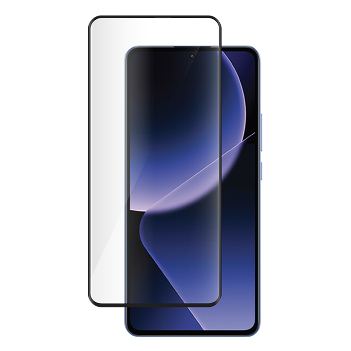 Un smartphone avec un protecteur d'écran appliqué. Le téléphone est bleu, l'écran est bleu foncé. Le protecteur est un rectangle transparent.