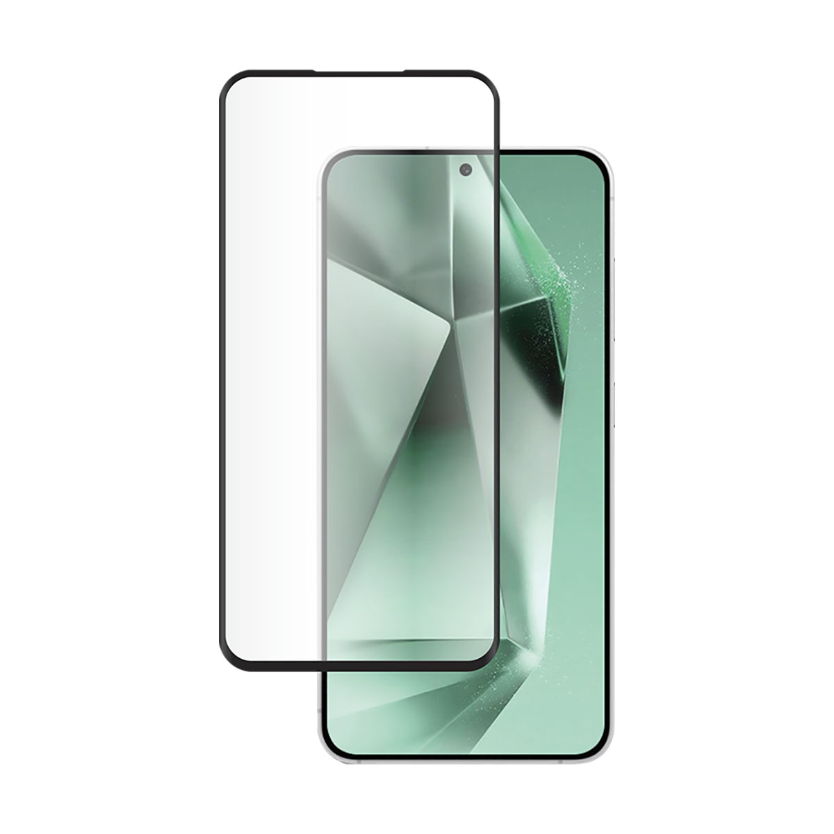 Un smartphone avec un protecteur d'écran. L'écran affiche un design géométrique dans des tons verts. Un protecteur d'écran transparent est placé dessus.