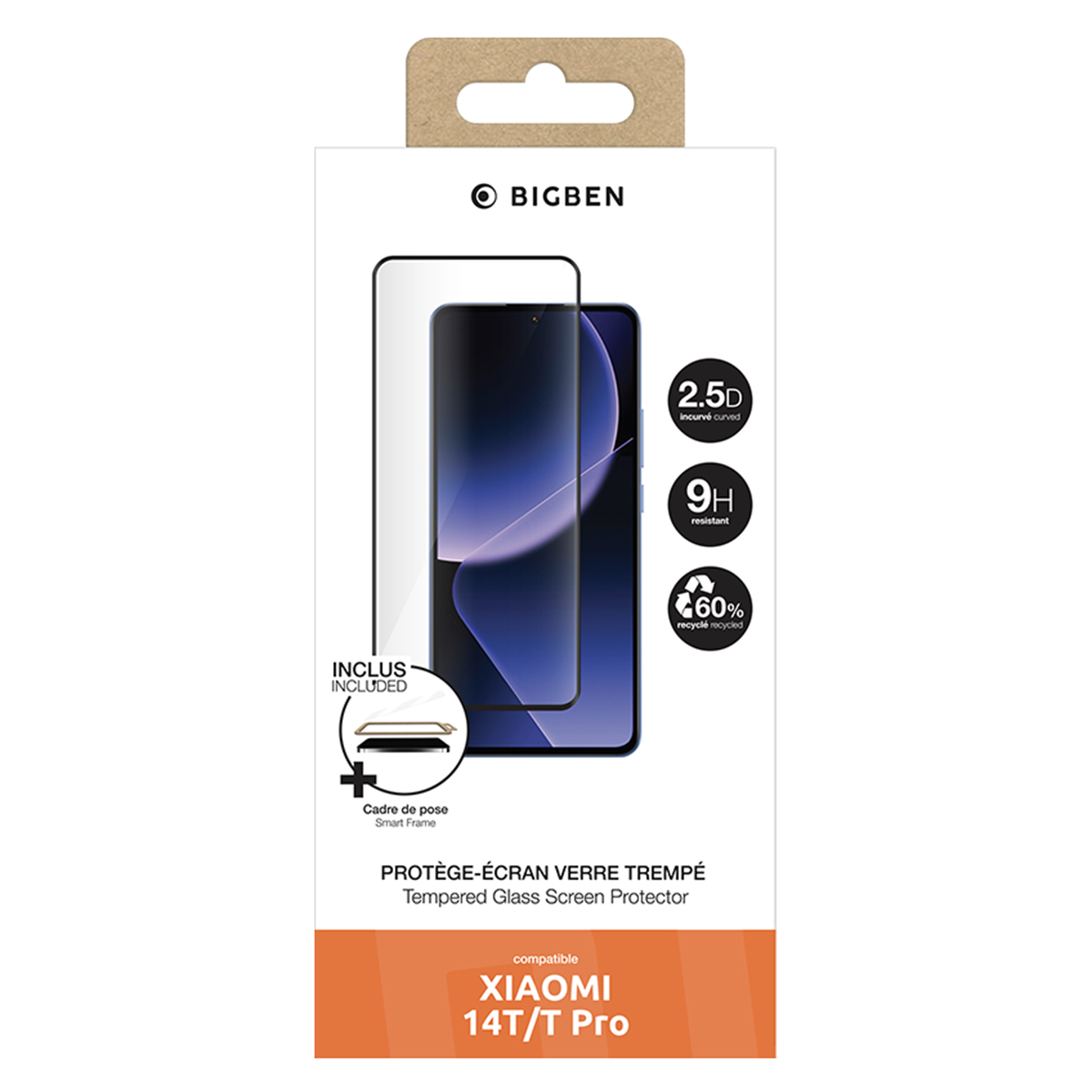 Une boîte de protection d'écran de téléphone. Elle contient une image de téléphone et des détails sur la protection, dont 2.5D, 9H et 60% recyclé.
