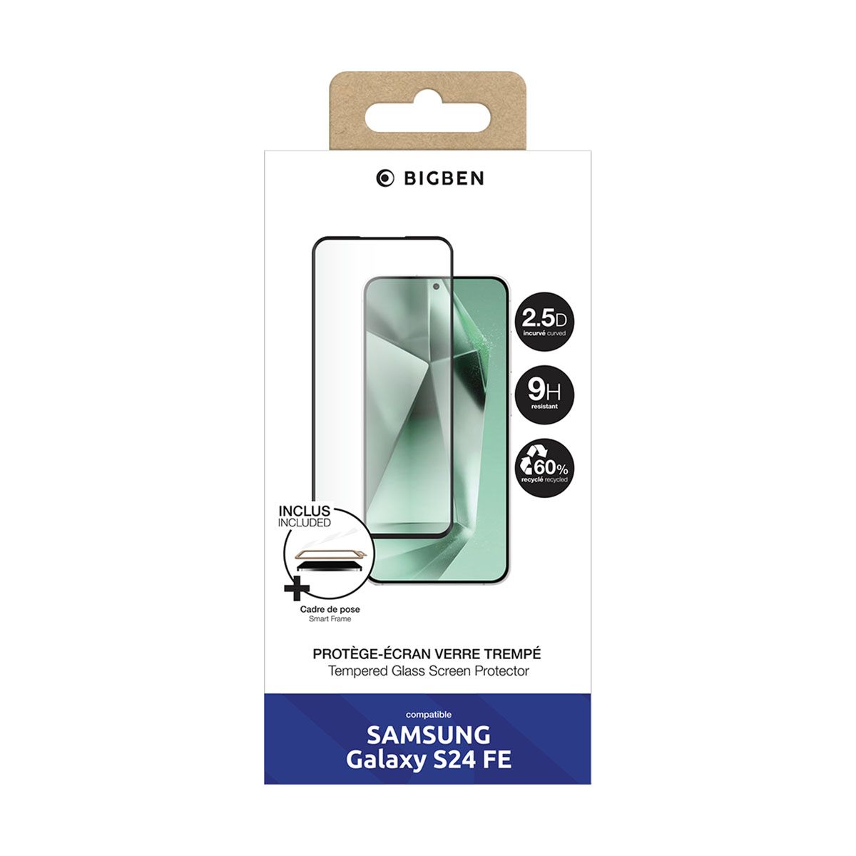 Boîte avec un protecteur d'écran. La boîte porte le logo Bigben et le texte "SAMSUNG Galaxy S24 FE" est visible.