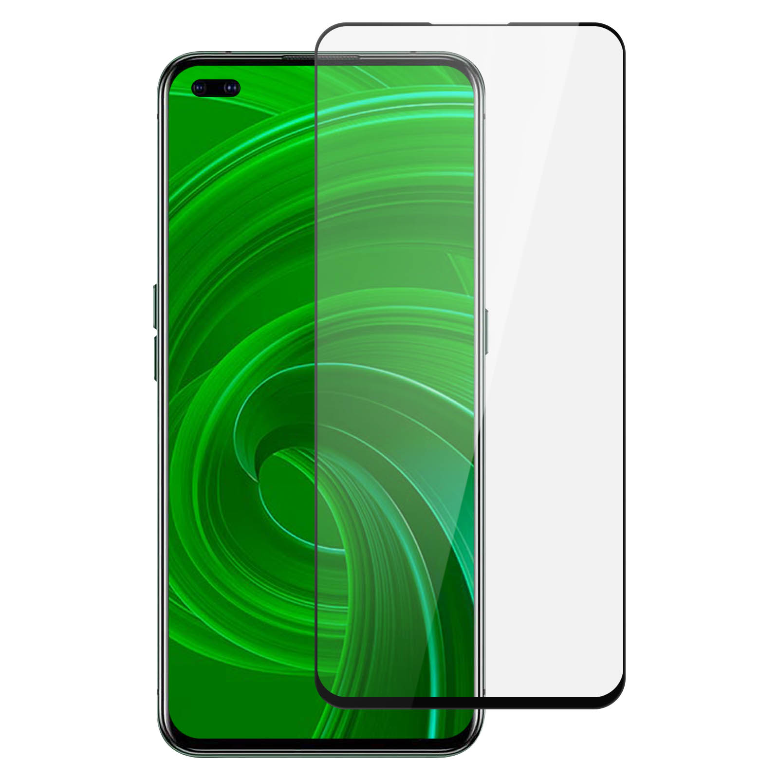 Uno smartphone con una protezione per lo schermo applicata, lo schermo ha un motivo verde, e il protettore è trasparente.