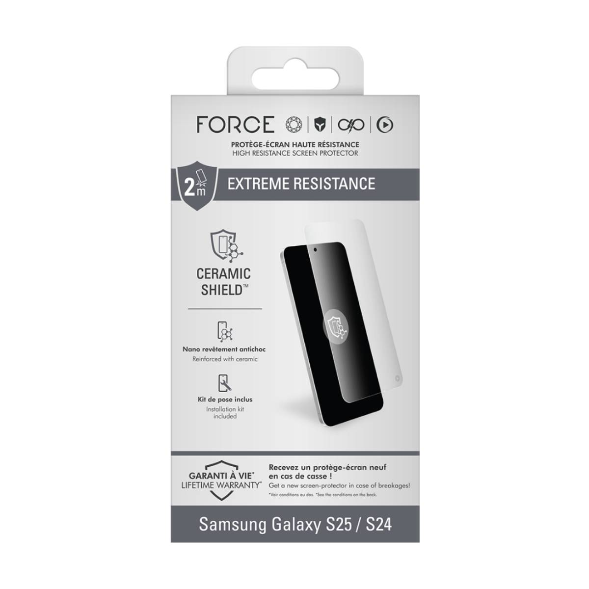 Una confezione di protezione schermo. Presenta uno schermo del telefono e una protezione schermo. Il testo include 'Extreme Resistance' e 'Samsung Galaxy S25/S24'.