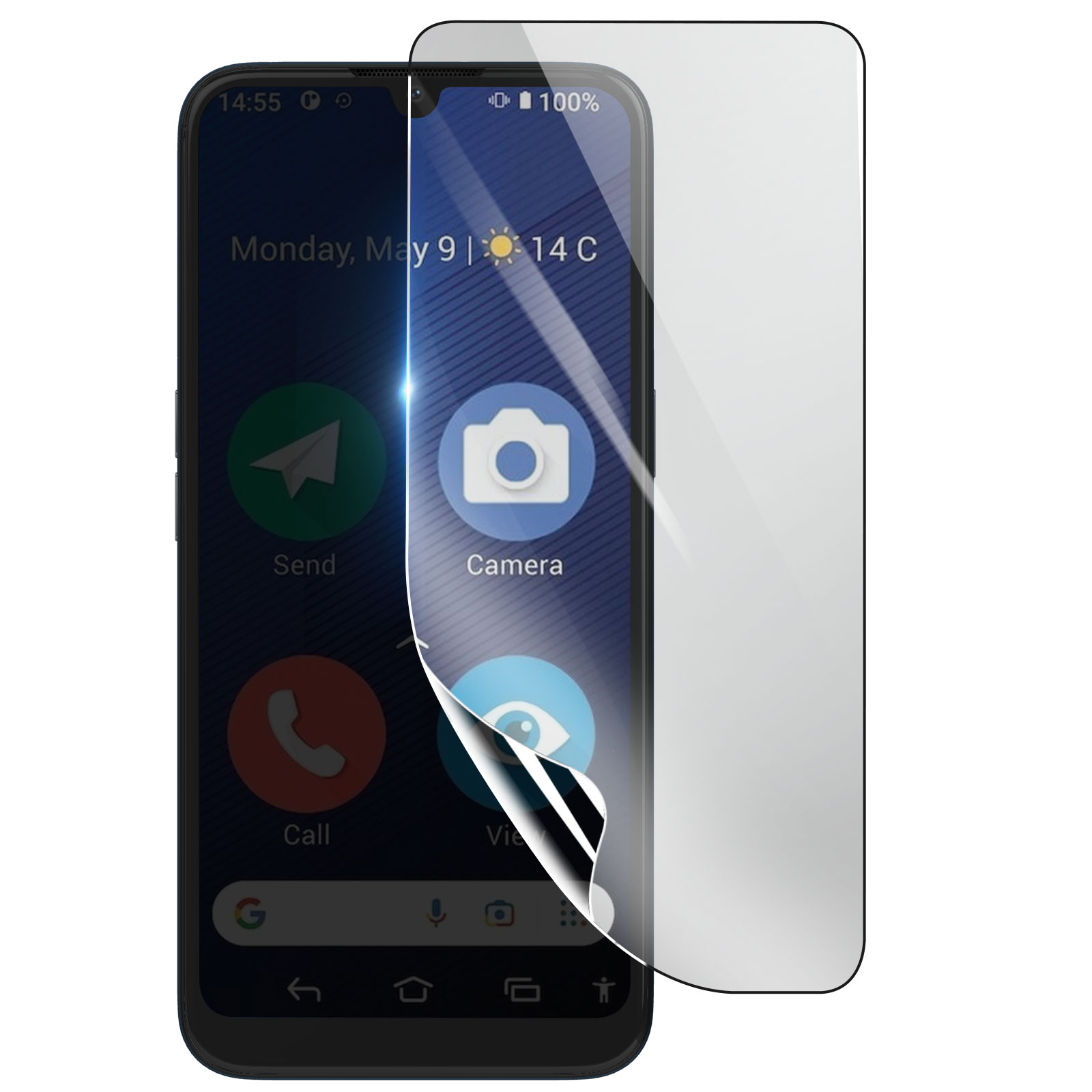 Schermo smartphone con icone e data. Pellicola protettiva parzialmente staccata. Mostra ora, batteria e meteo.