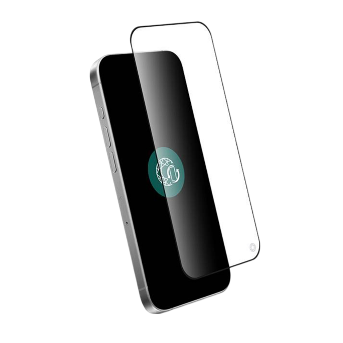 Een smartphone met een schermbeschermer. De telefoon is zilver, het scherm is zwart. De beschermer is transparant.