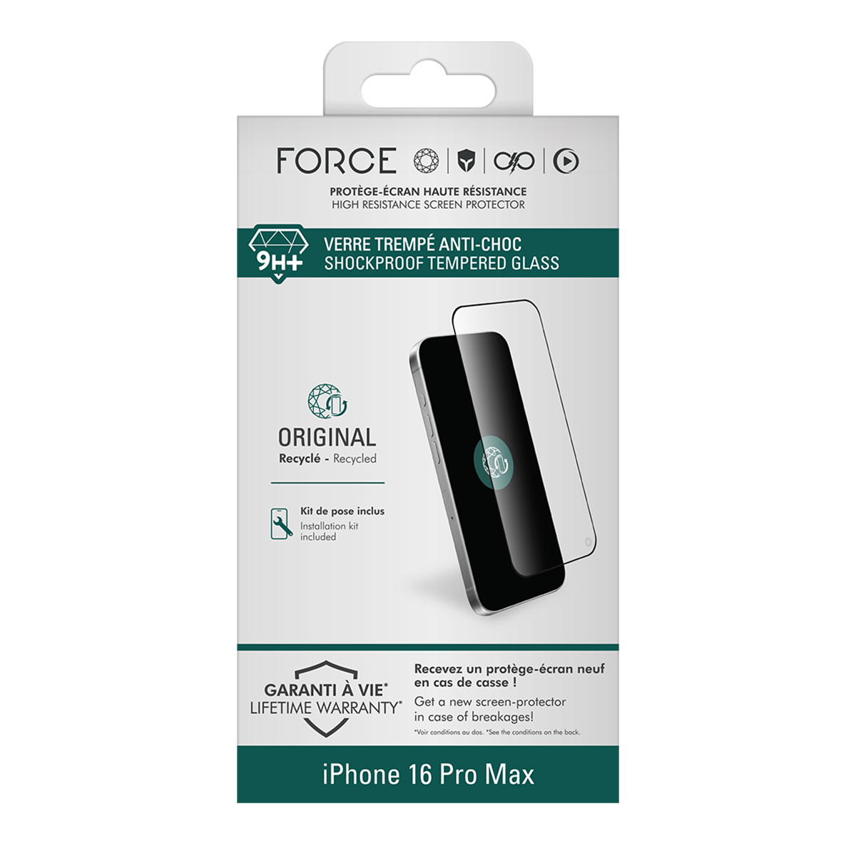 Een witte doos met een telefoon en een schermbeschermer. Tekst bevat "FORCE", "iPhone 16 Pro Max", "Levenslange garantie" en "Schokbestendig gehard glas".