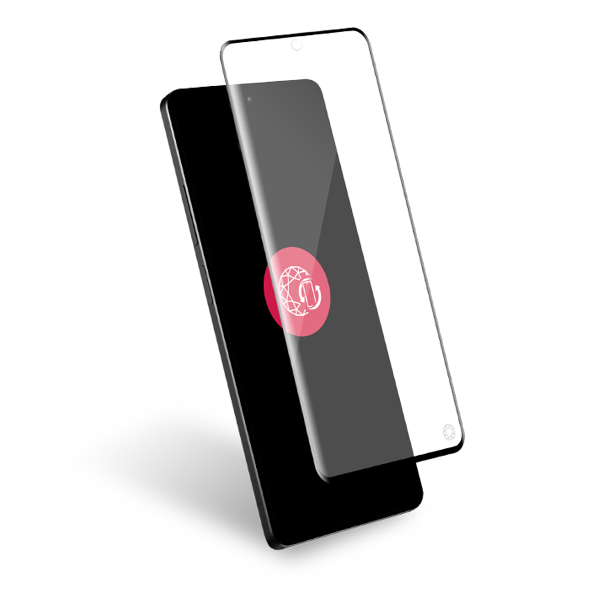 Un smartphone noir avec un protecteur d'écran. L'écran affiche un logo circulaire rouge. Le fond est blanc.
