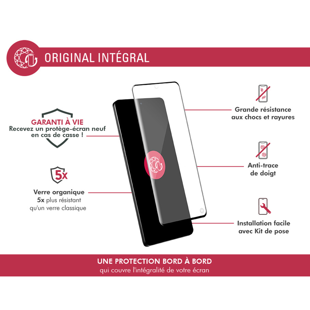 Un protecteur d'écran pour smartphone. Le texte indique des caractéristiques comme le verre organique, la résistance aux rayures et l'installation facile.