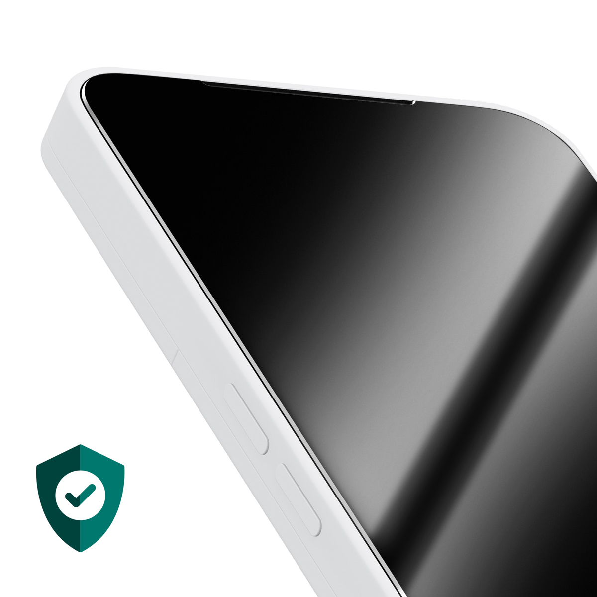 Een close-up van een witte telefoon met een zwarte schermbeschermer. Een groen schildpictogram met een vinkje links.