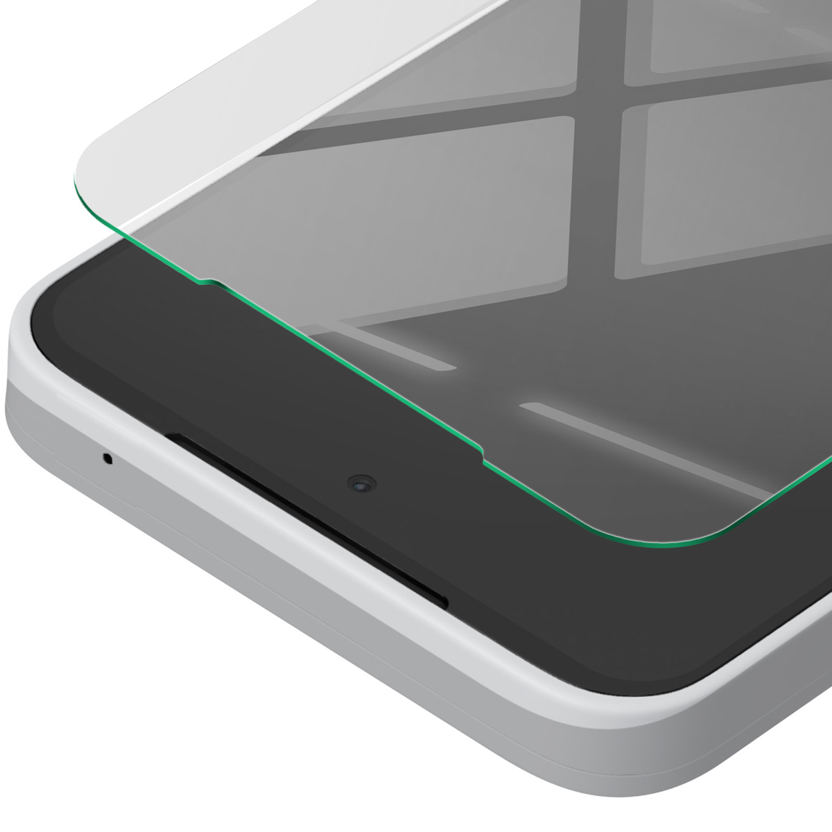 Close-up van een witte tablet met een schermbeschermer. Het scherm is zwart. De beschermer is helder met groene randen. Witte achtergrond.