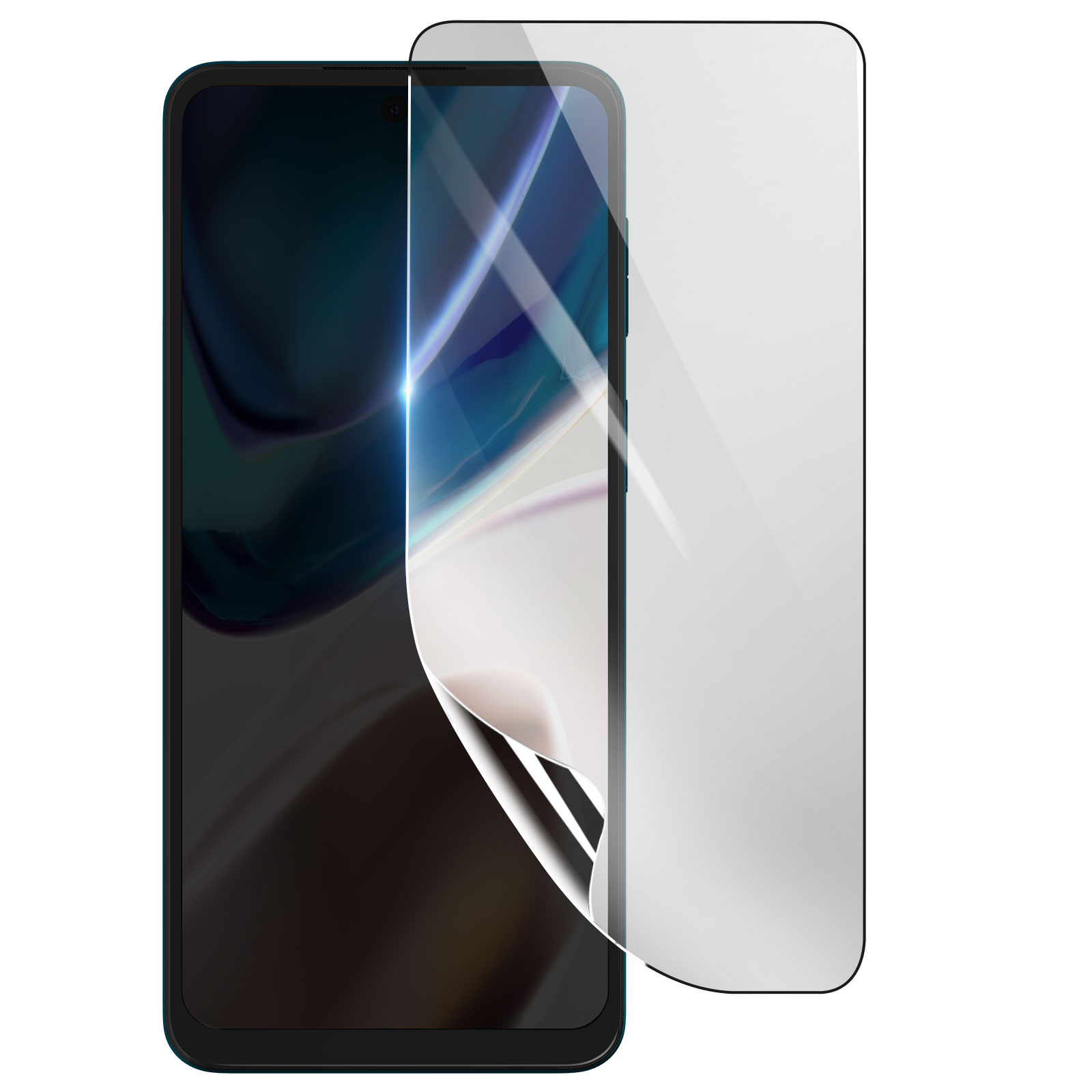 Uno smartphone con una protezione per lo schermo in fase di applicazione. La protezione è parzialmente staccata, rivelando lo schermo del telefono. Sfondo bianco.