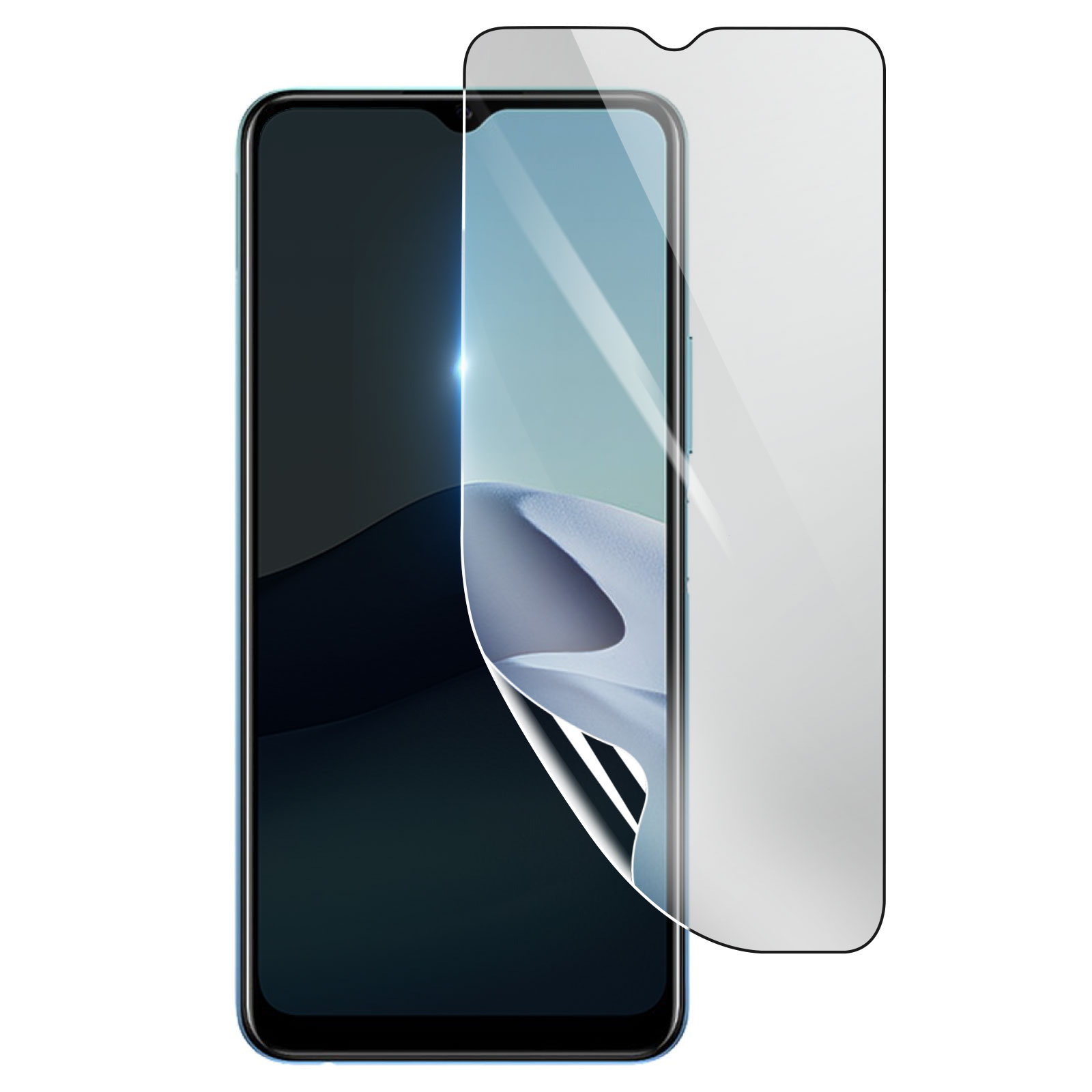 Uno smartphone con una protezione schermo che si stacca. Lo schermo mostra una scena desertica. Sfondo bianco.