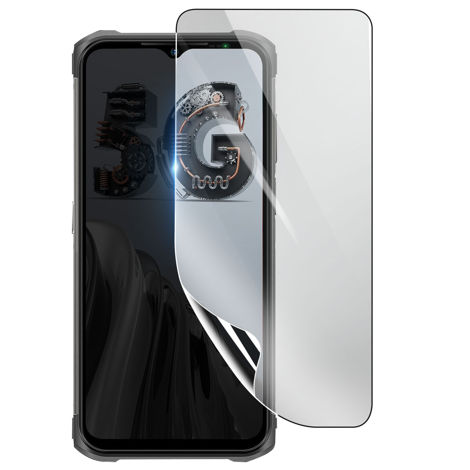 Un telefono con protezione schermo. Lo schermo mostra un logo 5G con ingranaggi e sfondo grigio.