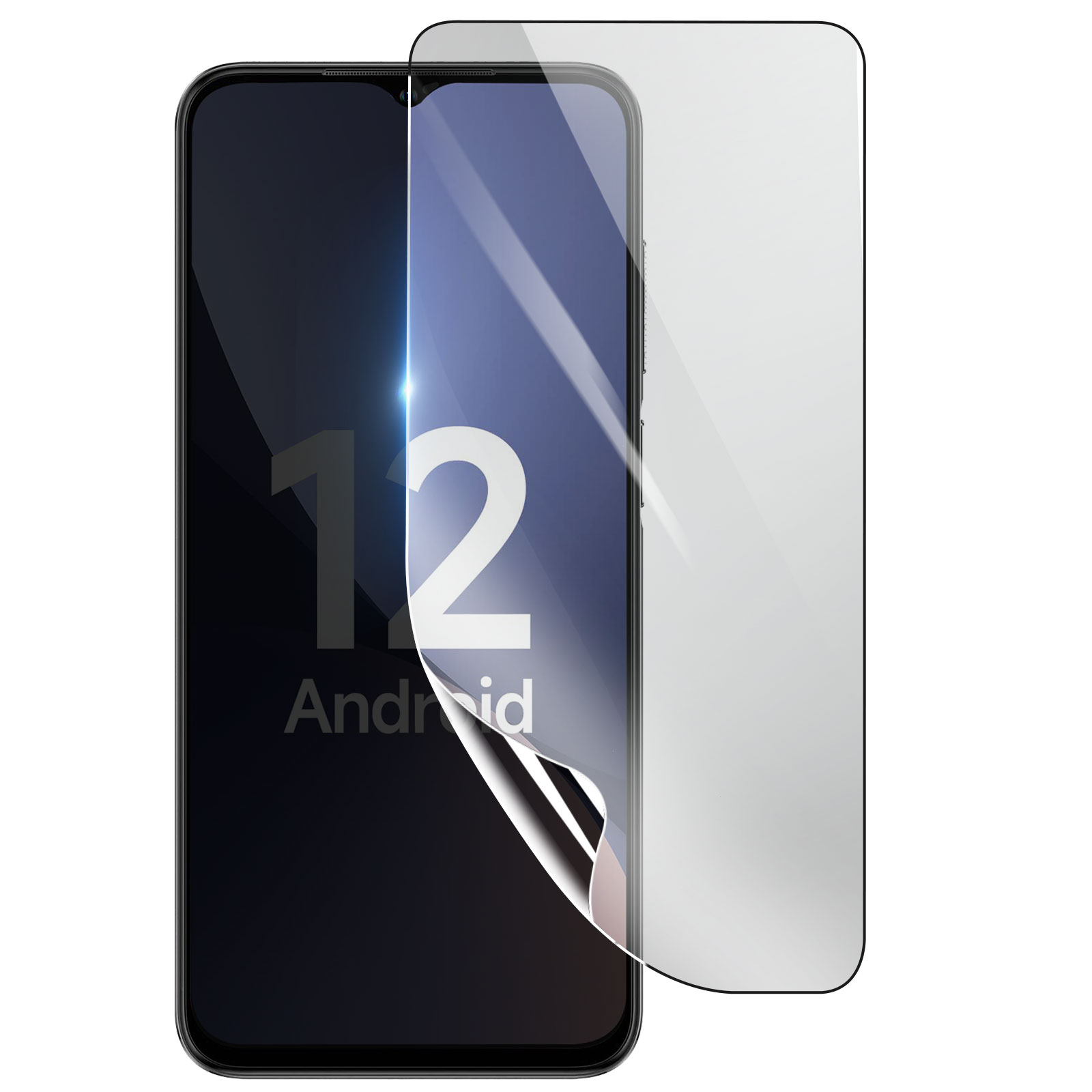 Smartphone con Android 12 sullo schermo e una protezione per lo schermo. Sfondo bianco.