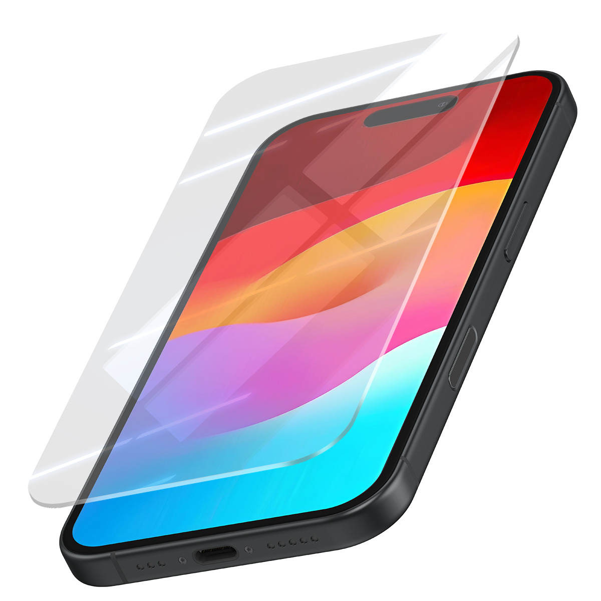 Smartphone nero con protezione schermo, sfondo colorato, su sfondo bianco.