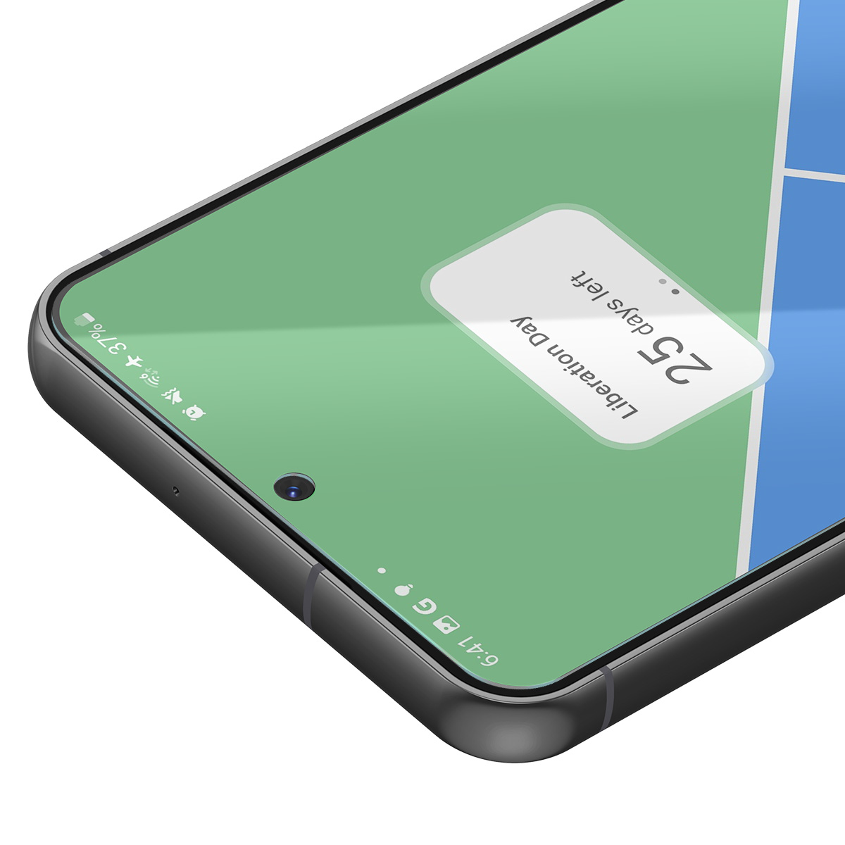 Een smartphonescherm toont '25 dagen over' voor Bevrijdingsdag. Het scherm is groen, met een blauw en wit gedeelte op de achtergrond.