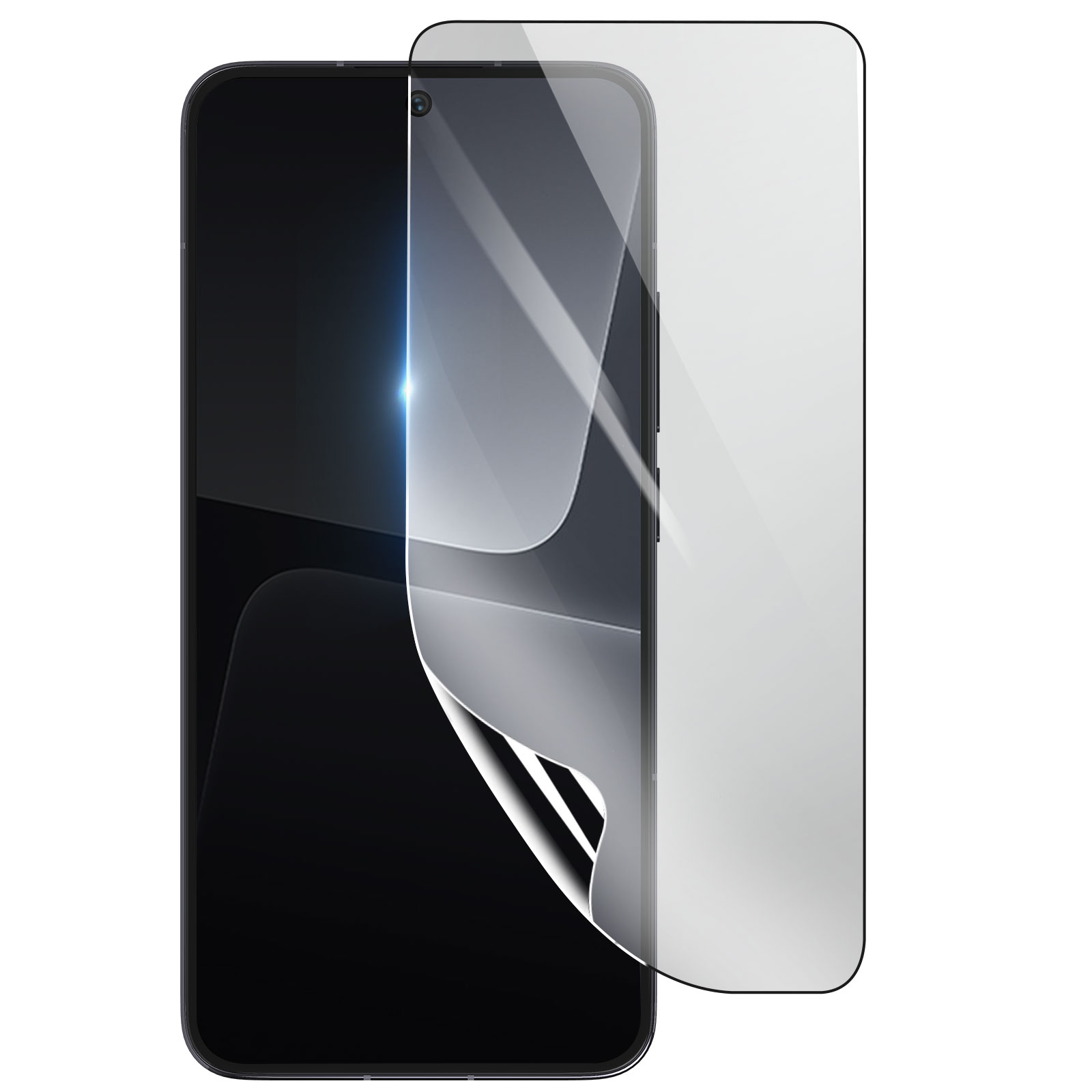 Uno smartphone con una protezione per lo schermo applicata. La protezione è parzialmente staccata, rivelando lo schermo. Sfondo bianco.