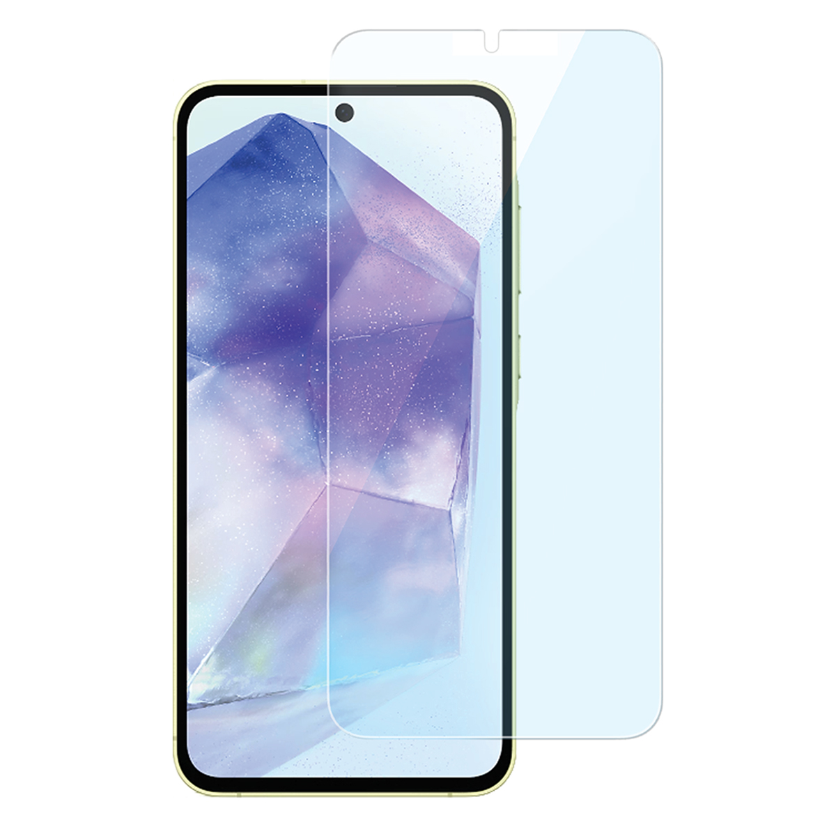 Smartfon z ochraniaczem ekranu. Telefon jest złoty z czarnym ekranem. Ochraniacz jest jasnoniebieski i częściowo zakrywa telefon.